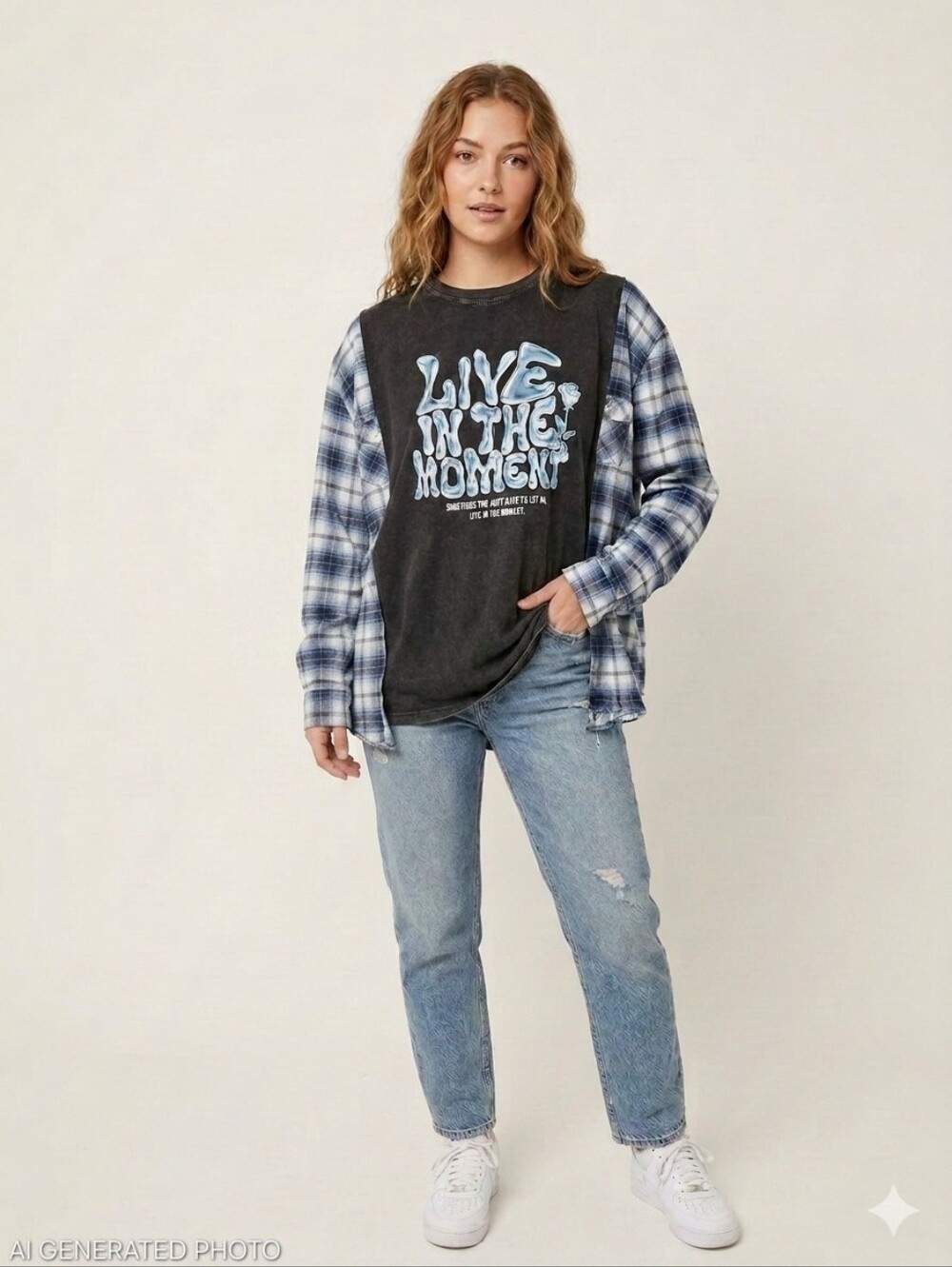OOAK Upcycled Custom Graphic T Shirt & Brushed Soft Flannel Blue Plaid Top